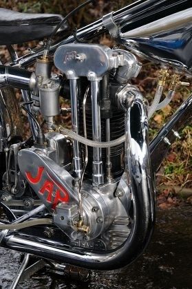Close-up of a polished speedway motorcycle engine and chrome exhaust